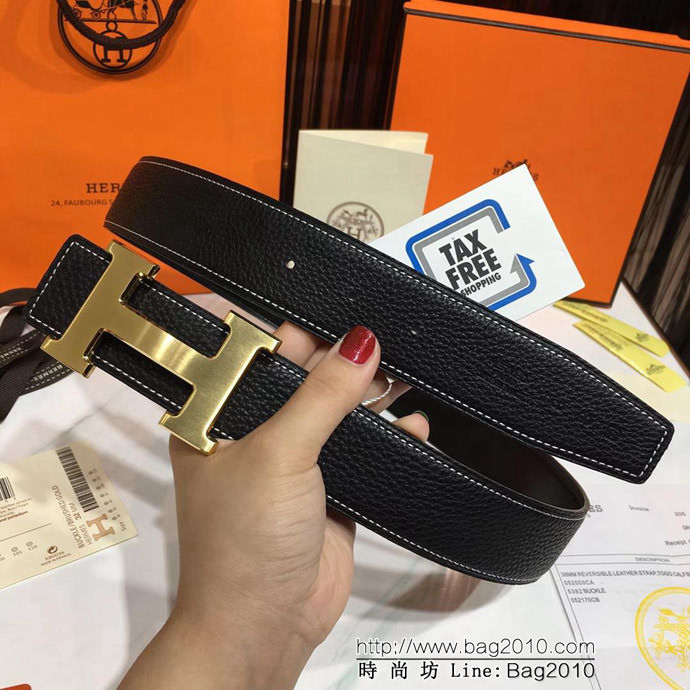 HERMES愛馬仕 黑色荔枝紋 義大利進口小牛皮 精鋼扣頭 男款皮帶  xfp1109